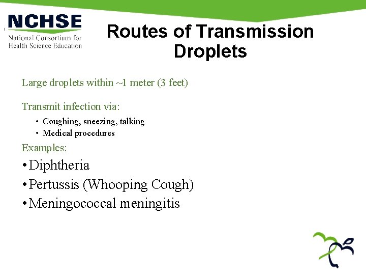 Routes of Transmission Droplets Large droplets within ~1 meter (3 feet) Transmit infection via: