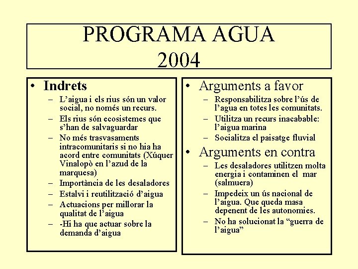 PROGRAMA AGUA 2004 • Indrets – L’aigua i els rius són un valor social,