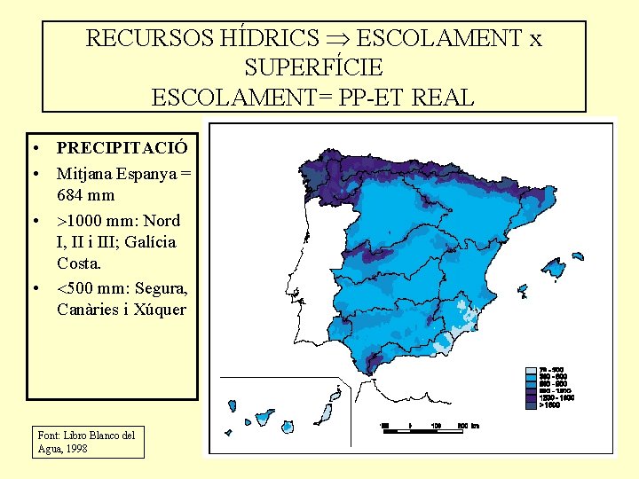 RECURSOS HÍDRICS ESCOLAMENT x SUPERFÍCIE ESCOLAMENT= PP-ET REAL • PRECIPITACIÓ • Mitjana Espanya =