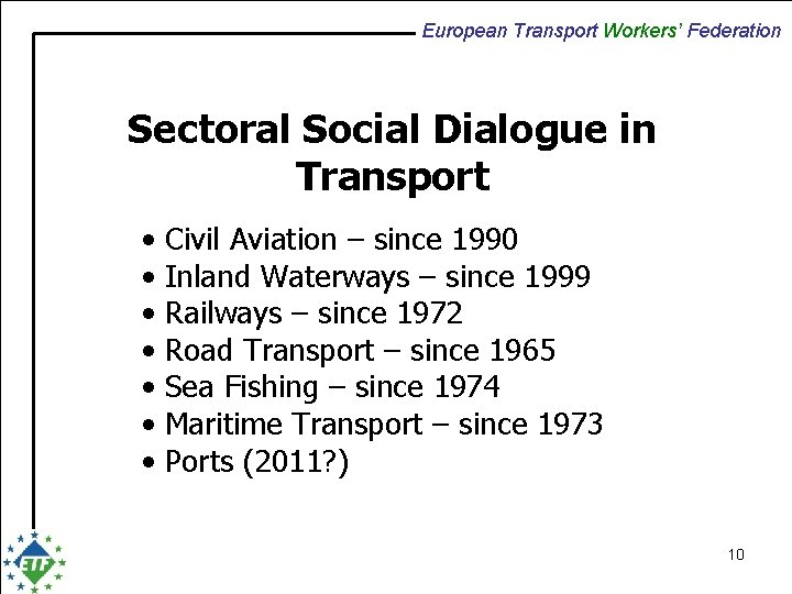 European Transport Workers’ Federation Sectoral Social Dialogue in Transport • • Civil Aviation –