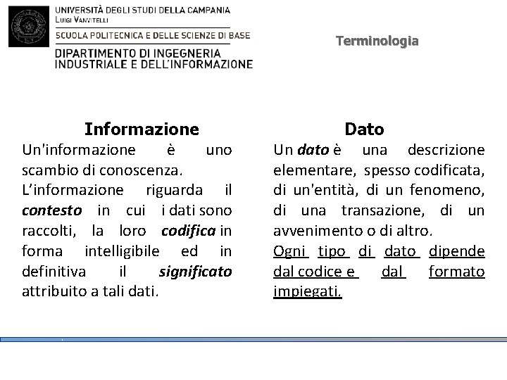 Terminologia Informazione Un'informazione è uno scambio di conoscenza. L’informazione riguarda il contesto in cui