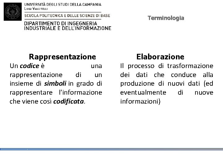 Terminologia Rappresentazione Un codice è una rappresentazione di un insieme di simboli in grado