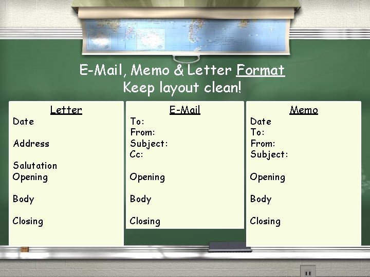 E-Mail, Memo & Letter Format Keep layout clean! Date Letter Address Salutation Opening To: