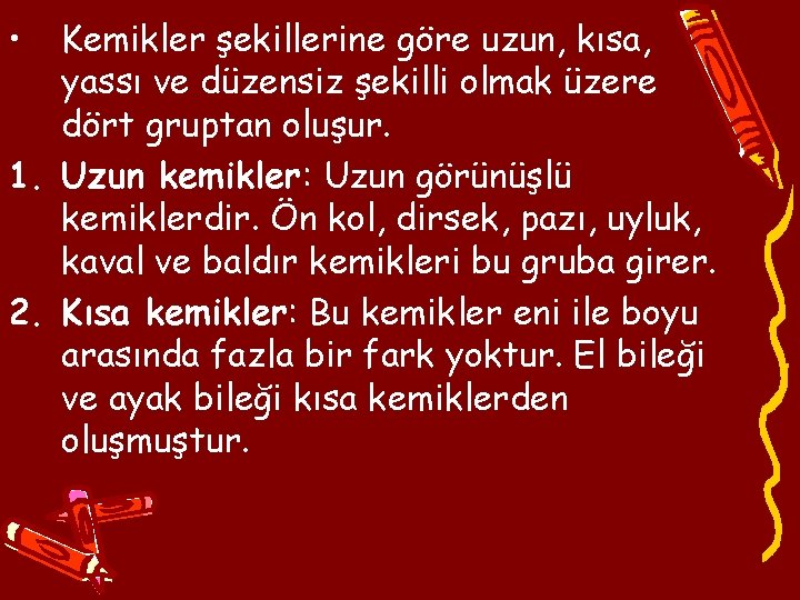  • Kemikler şekillerine göre uzun, kısa, yassı ve düzensiz şekilli olmak üzere dört