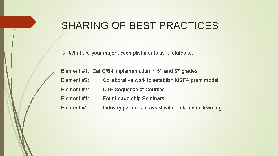 SHARING OF BEST PRACTICES What are your major accomplishments as it relates to: Element