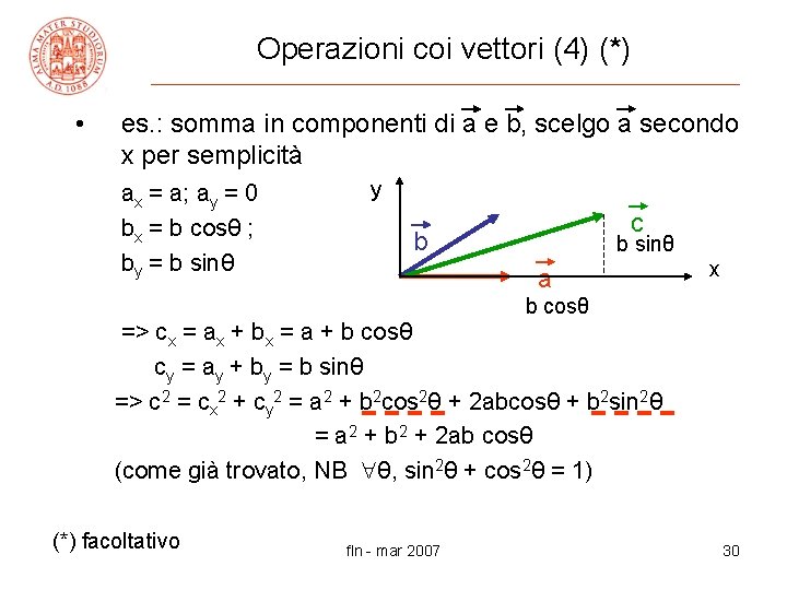 Operazioni coi vettori (4) (*) • es. : somma in componenti di a e