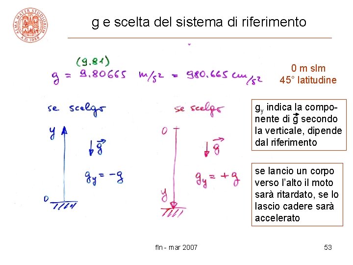 g e scelta del sistema di riferimento 0 m slm 45° latitudine gy indica