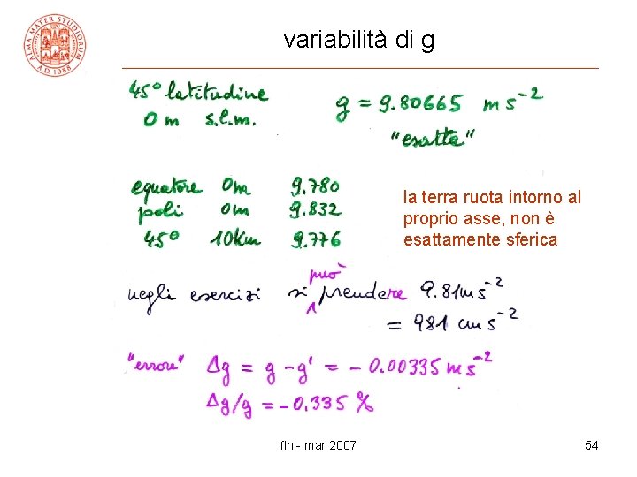 variabilità di g la terra ruota intorno al proprio asse, non è esattamente sferica
