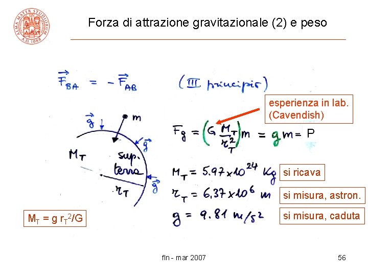 Forza di attrazione gravitazionale (2) e peso esperienza in lab. (Cavendish) P si ricava