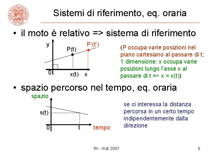 Sistemi di riferimento, eq. oraria • il moto è relativo => sistema di riferimento