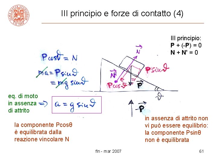 III principio e forze di contatto (4) III principio: P + (-P) = 0