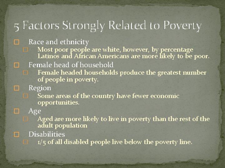 5 Factors Strongly Related to Poverty � Race and ethnicity � � Female head 5 Factors Strongly Related to Poverty � Race and ethnicity � � Female head
