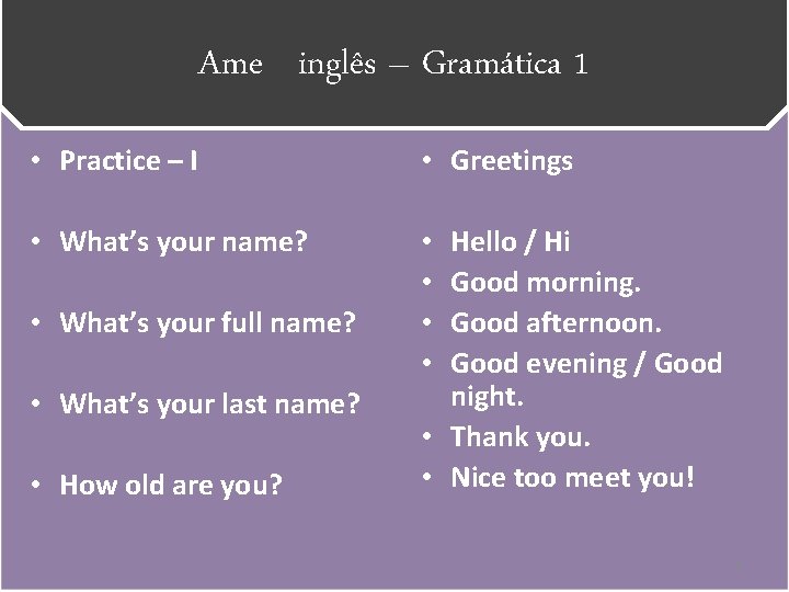 Ame inglês – Gramática 1 • Practice – I • Greetings • What’s your