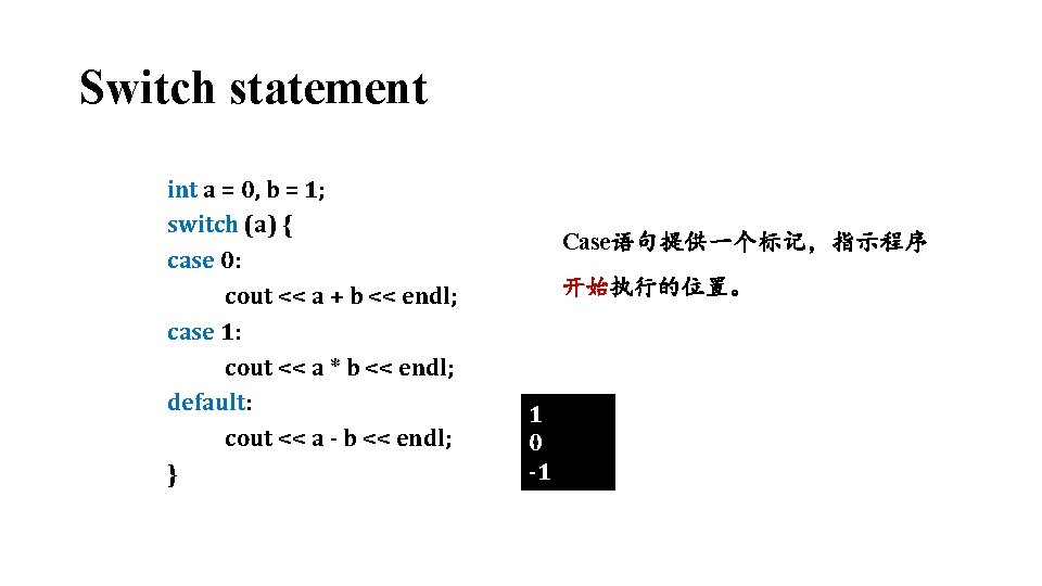 Switch statement int a = 0, b = 1; switch (a) { case 0: