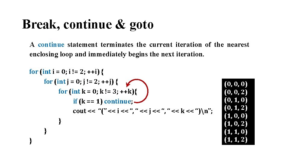 Break, continue & goto A continue statement terminates the current iteration of the nearest