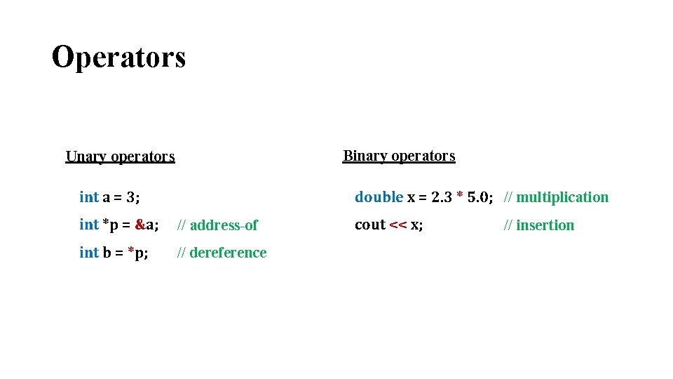 Operators Binary operators Unary operators int a = 3; double x = 2. 3