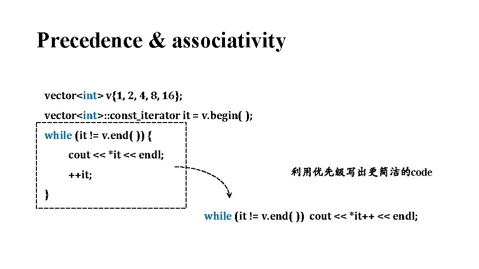 Precedence & associativity vector<int> v{1, 2, 4, 8, 16}; vector<int>: : const_iterator it =