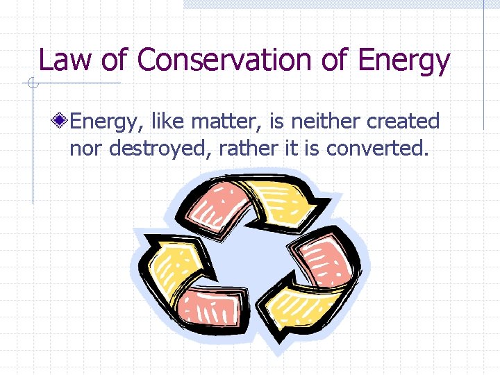 Law of Conservation of Energy, like matter, is neither created nor destroyed, rather it