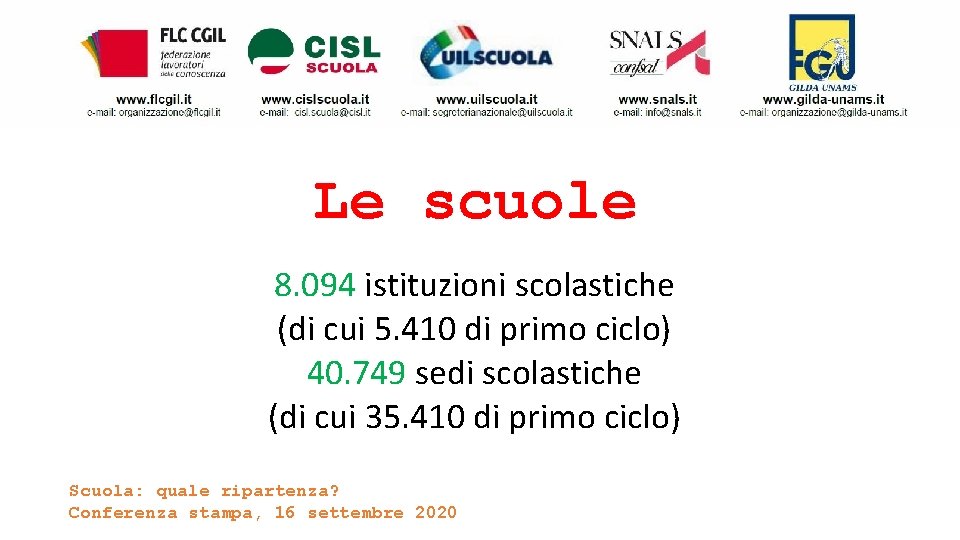 Le scuole 8. 094 istituzioni scolastiche (di cui 5. 410 di primo ciclo) 40.