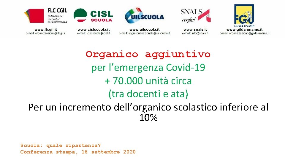 Organico aggiuntivo per l’emergenza Covid-19 + 70. 000 unità circa (tra docenti e ata)