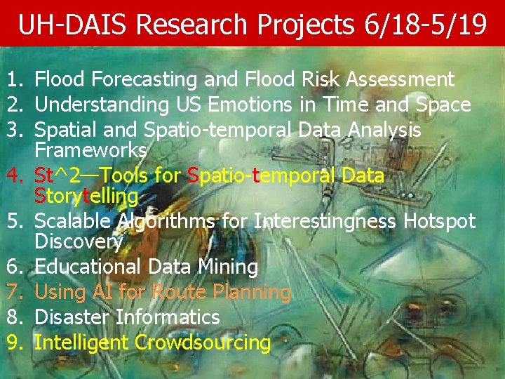 UH-DAIS Research Projects 6/18 -5/19 1. Flood Forecasting and Flood Risk Assessment 2. Understanding