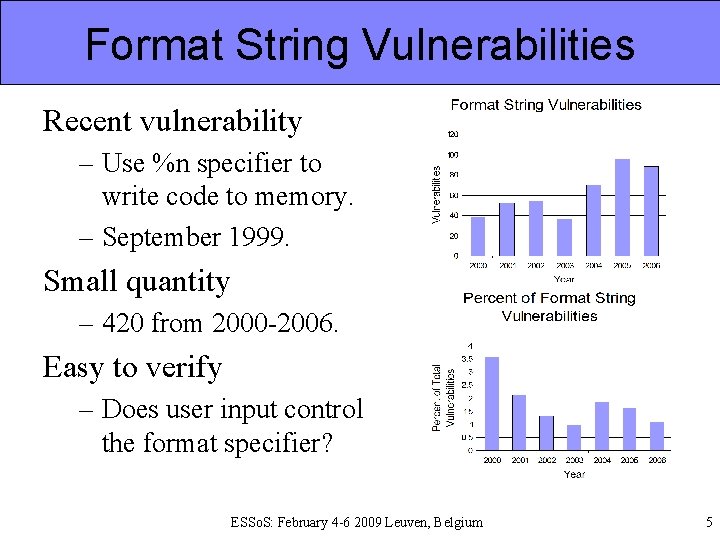 Format String Vulnerabilities Recent vulnerability – Use %n specifier to write code to memory.