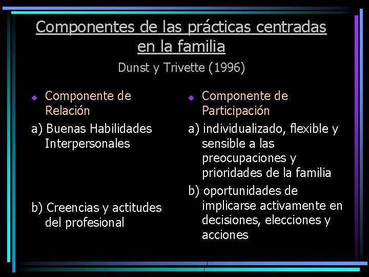 Componentes de las prácticas centradas en la familia Dunst y Trivette (1996) Componente de