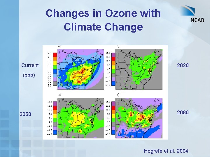 Changes in Ozone with Climate Change Current 2020 (ppb) 2050 2080 Hogrefe et al.