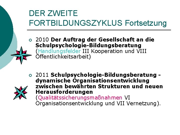 DER ZWEITE FORTBILDUNGSZYKLUS Fortsetzung ¡ 2010 Der Auftrag der Gesellschaft an die Schulpsychologie-Bildungsberatung (Handlungsfelder