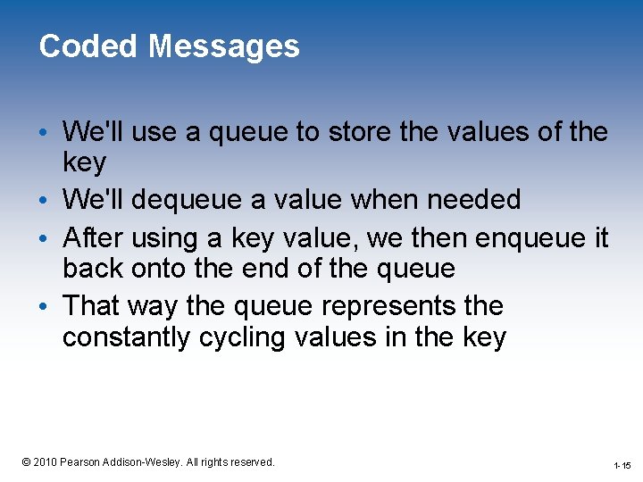 Coded Messages • We'll use a queue to store the values of the key