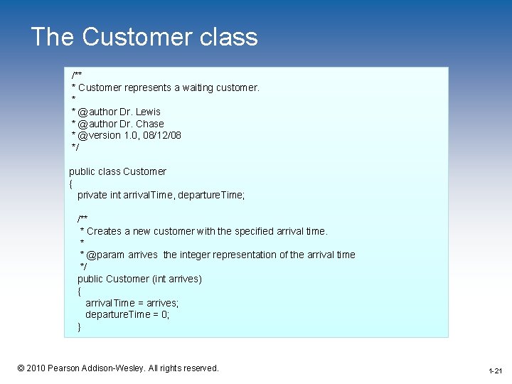 The Customer class /** * Customer represents a waiting customer. * * @author Dr.