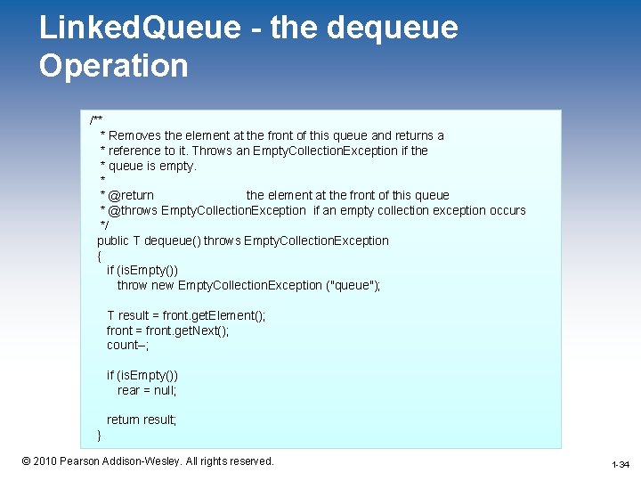 Linked. Queue - the dequeue Operation /** * Removes the element at the front