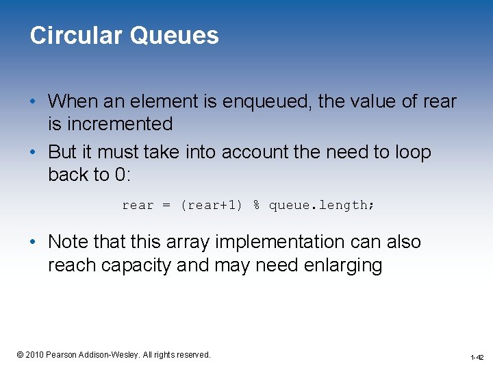 Circular Queues • When an element is enqueued, the value of rear is incremented