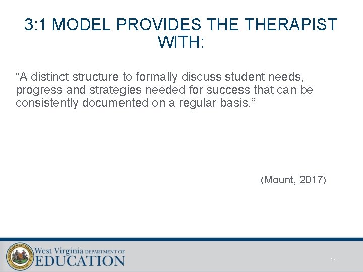 3: 1 MODEL PROVIDES THERAPIST WITH: “A distinct structure to formally discuss student needs,