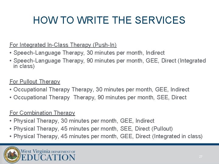 HOW TO WRITE THE SERVICES For Integrated In-Class Therapy (Push-In) • Speech-Language Therapy, 30