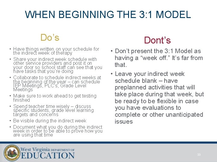 WHEN BEGINNING THE 3: 1 MODEL Do’s • Have things written on your schedule