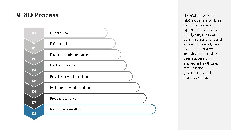 9. 8 D Process D 1 Establish team Define problem D 2 Develop containment