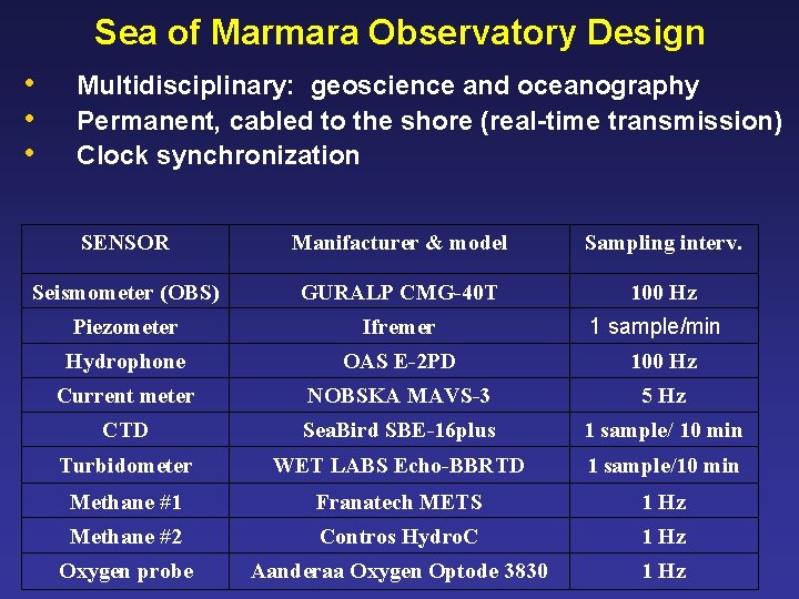 Sea of Marmara Observatory Design • • • Multidisciplinary: geoscience and oceanography Permanent, cabled