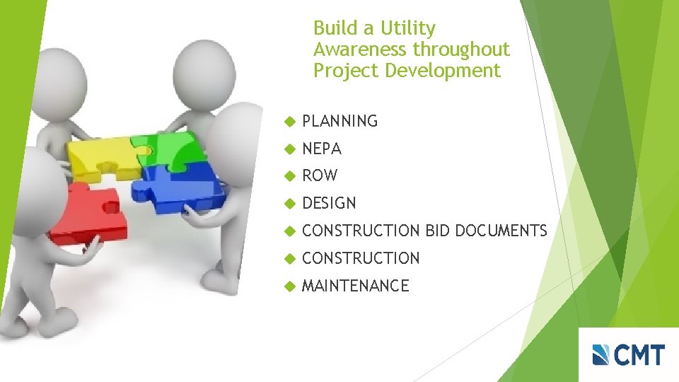 Build a Utility Awareness throughout Project Development PLANNING NEPA ROW DESIGN CONSTRUCTION BID DOCUMENTS Build a Utility Awareness throughout Project Development PLANNING NEPA ROW DESIGN CONSTRUCTION BID DOCUMENTS