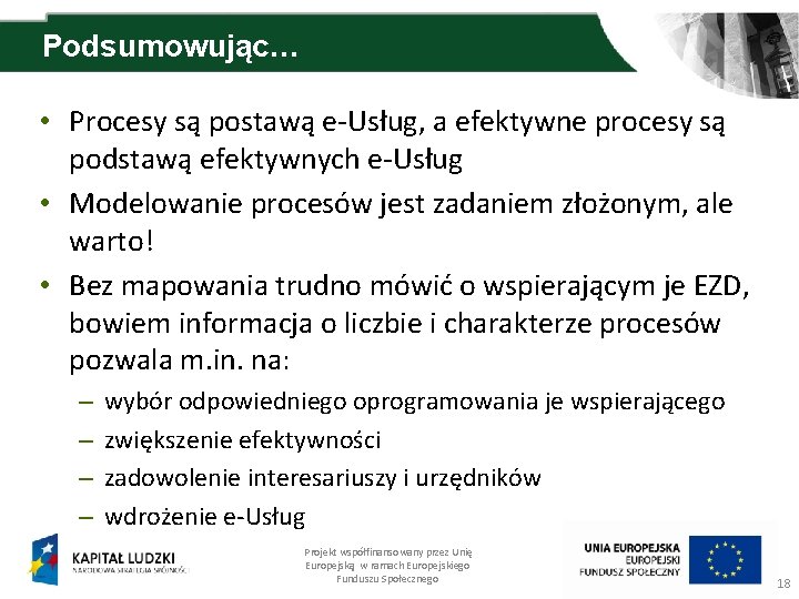 Podsumowując… • Procesy są postawą e-Usług, a efektywne procesy są podstawą efektywnych e-Usług •