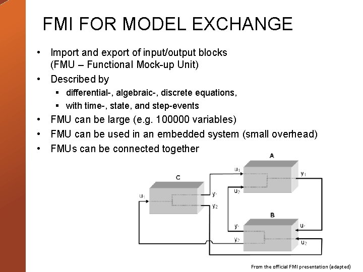 FMI FOR MODEL EXCHANGE • Import and export of input/output blocks (FMU – Functional