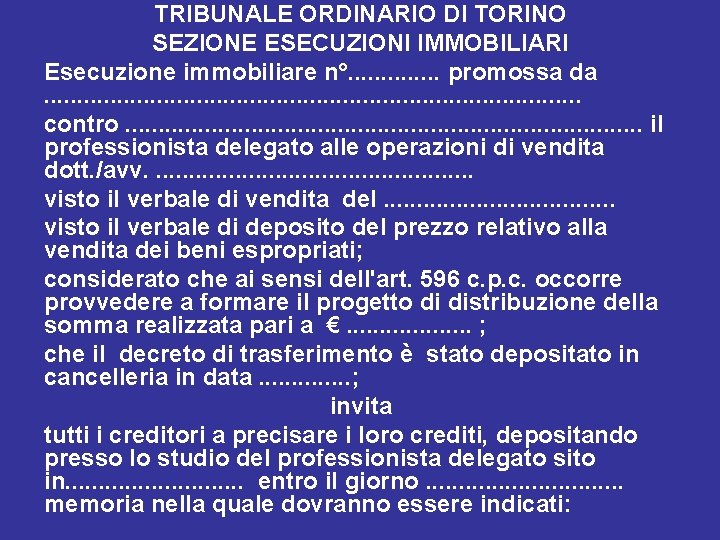 TRIBUNALE ORDINARIO DI TORINO SEZIONE ESECUZIONI IMMOBILIARI Esecuzione immobiliare n°. . . promossa da.