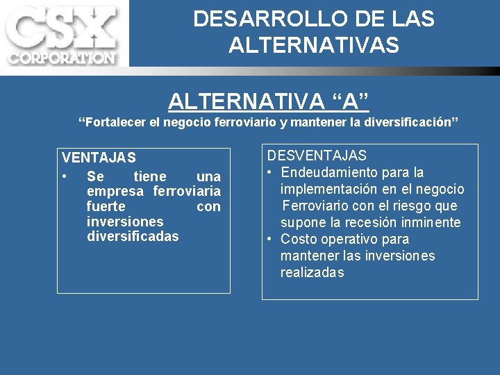 DESARROLLO DE LAS ALTERNATIVA “A” “Fortalecer el negocio ferroviario y mantener la diversificación” VENTAJAS