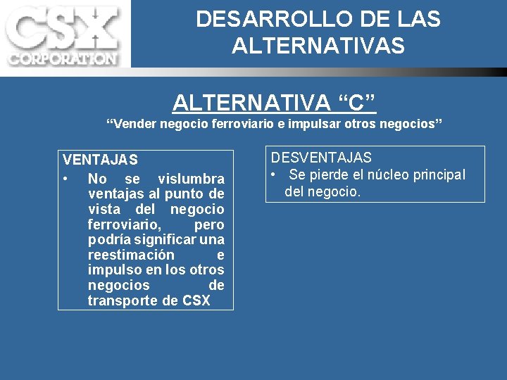 DESARROLLO DE LAS ALTERNATIVA “C” “Vender negocio ferroviario e impulsar otros negocios” VENTAJAS •