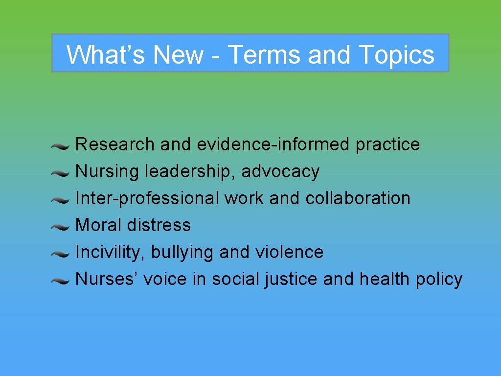 What’s New - Terms and Topics Research and evidence-informed practice Nursing leadership, advocacy Inter-professional