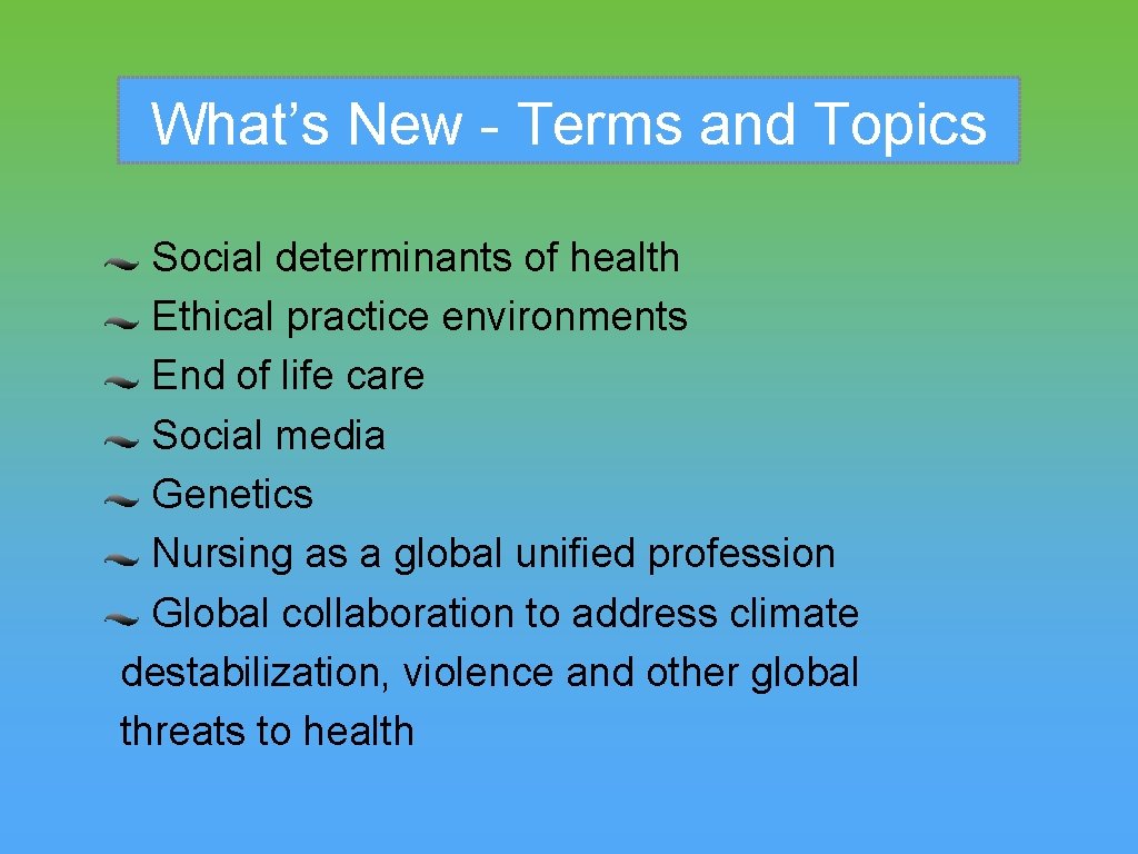 What’s New - Terms and Topics Social determinants of health Ethical practice environments End