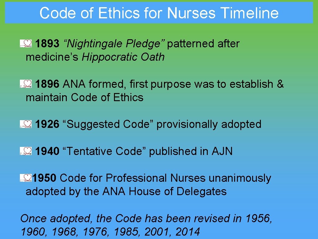Code of Ethics for Nurses Timeline 1893 “Nightingale Pledge” patterned after medicine’s Hippocratic Oath