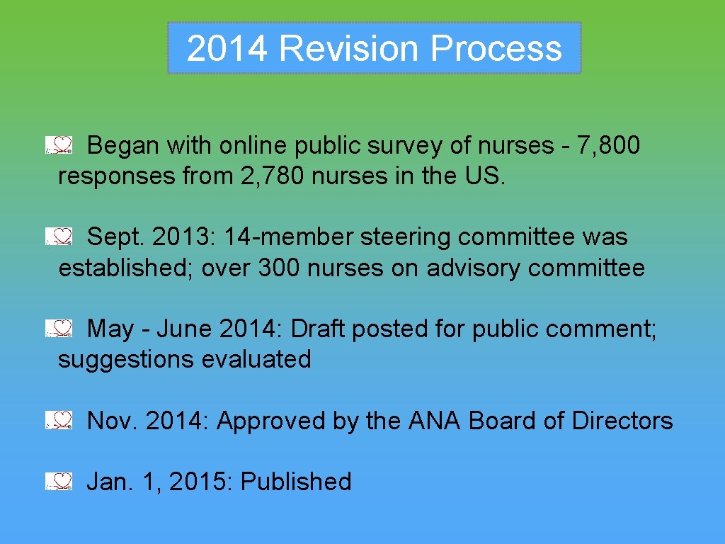 2014 Revision Process Began with online public survey of nurses - 7, 800 responses