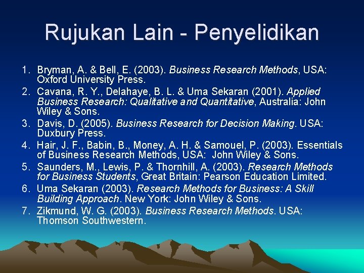 Rujukan Lain - Penyelidikan 1. Bryman, A. & Bell, E. (2003). Business Research Methods,