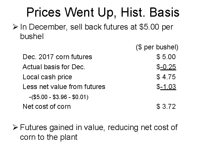 Prices Went Up, Hist. Basis Ø In December, sell back futures at $5. 00